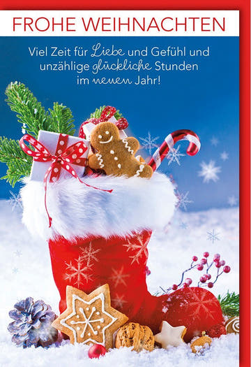Weihnachtsgrußkarte mit Nikolausstiefel, Lebkuchen & Zuckerstange - Festliche Grüße im Schnee mit Tannenzapfen für besinnliche Festtage