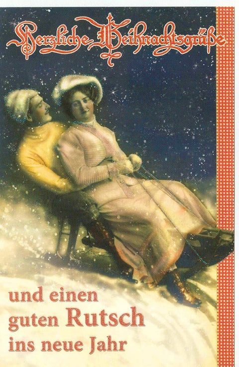Weihnachtsgrußkarte mit nostalgischem Schlittenmotiv im Vintage - Stil