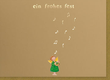 Weihnachtsgrußkarte mit Pantone - Goldfolie, Engel & Musiknoten – Festliche Grüße zum Frohen Fest