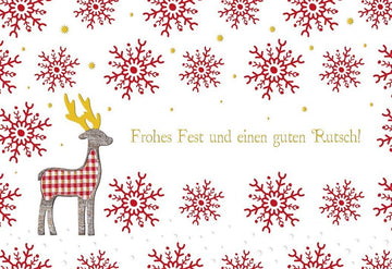 Weihnachtsgrußkarte mit Rentier - Design, Schneeflocken und Frohes Fest in Rot - Gold für festliche Grüße