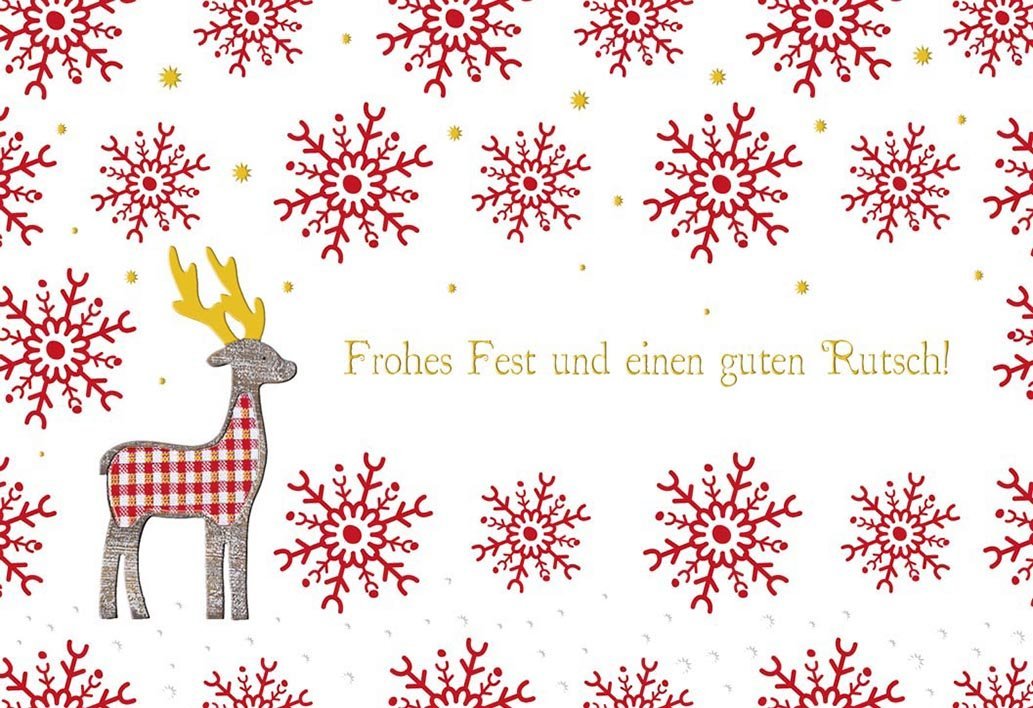 Weihnachtsgrußkarte mit Rentier - Design, Schneeflocken und Frohes Fest in Rot - Gold für festliche Grüße