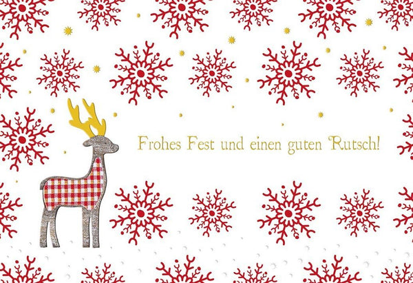 Weihnachtsgrußkarte mit Rentier-Design, Schneeflocken und Frohes Fest in Rot-Gold für festliche Grüße