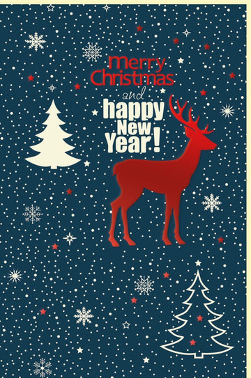 Weihnachtsgrußkarte mit Rentier, Tannenbaum & Schneeflocken – Festliche Grüße in Blau und Rot für Weihnachten & Neujahr