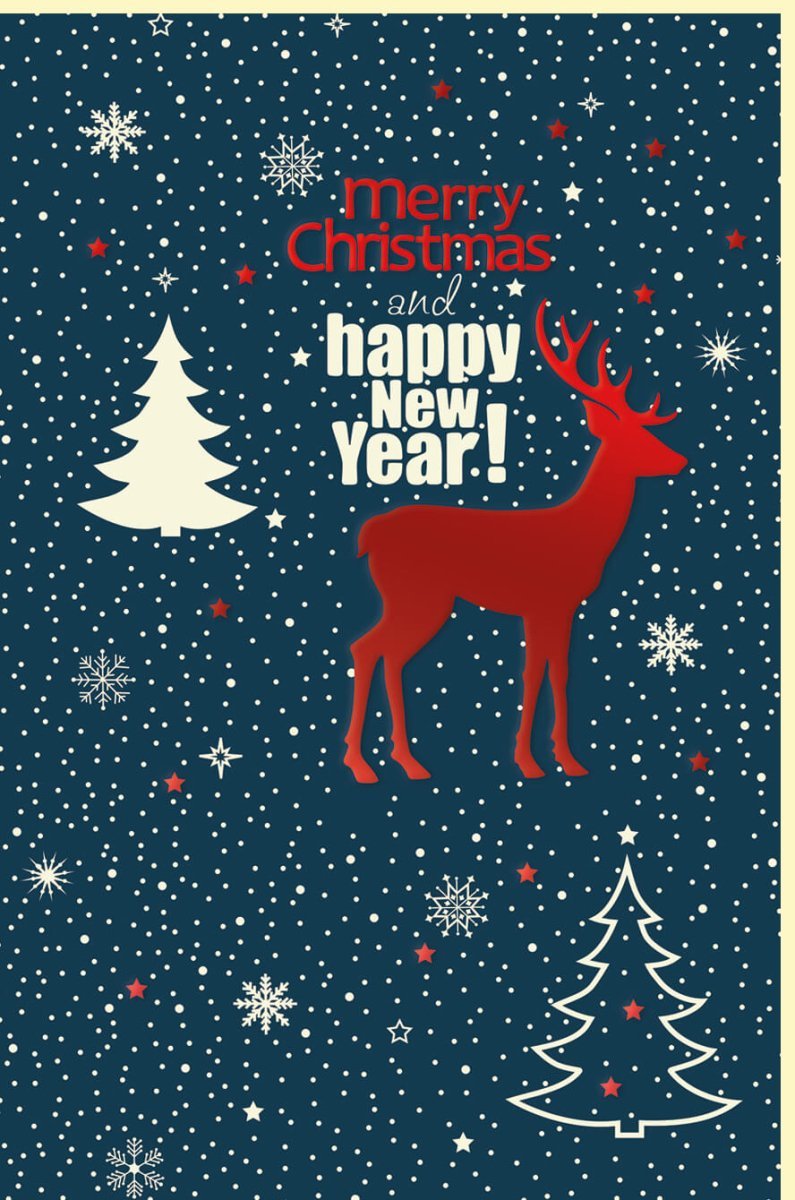Weihnachtsgrußkarte mit Rentier, Tannenbaum & Schneeflocken – Festliche Grüße in Blau und Rot für Weihnachten & Neujahr