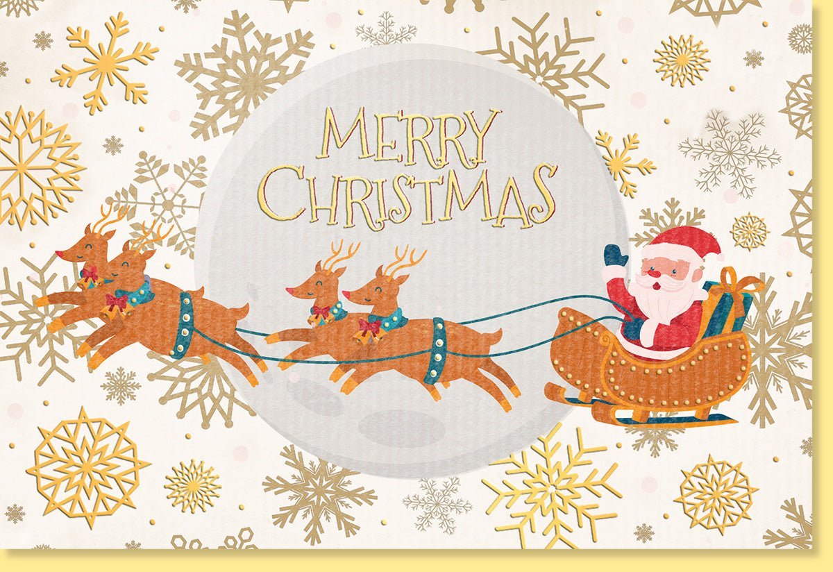 Weihnachtsgrußkarte mit Rentierschlitten in Gold – Festliche Grüße mit Santa, Schneeflocken & Winterzauber – Glanzvolle Papeterie zu Christmas