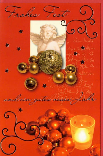 Weihnachtsgrußkarte mit rotem Engelmotiv und kleinem Bild