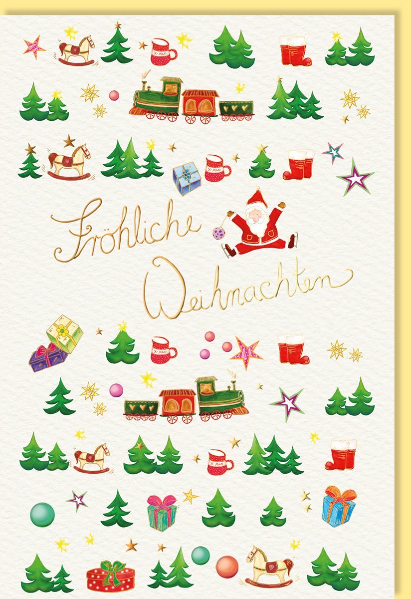 Weihnachtsgrußkarte mit Schaukelpferd & Zug - Festliche Karte mit Weihnachtsmann, Tannenbäumen und goldenen Details auf Naturkarton