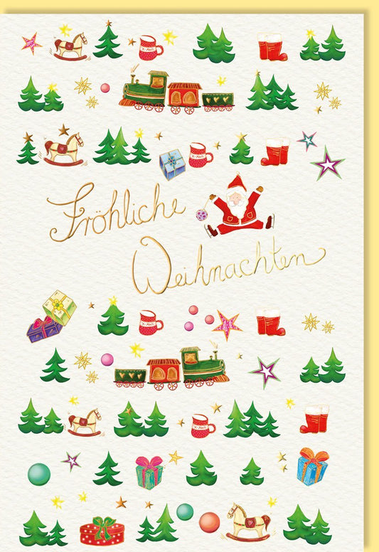 Weihnachtsgrußkarte mit Schaukelpferd & Zug - Festliche Karte mit Weihnachtsmann, Tannenbäumen und goldenen Details auf Naturkarton