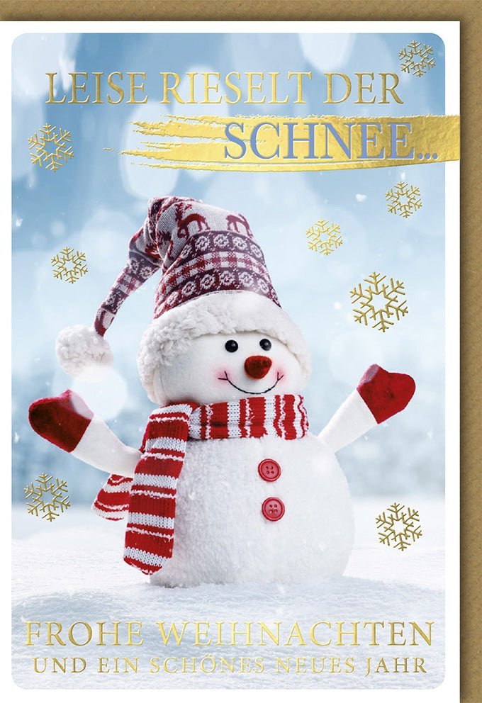 Weihnachtsgrußkarte mit Schneemann - Motiv | Festliche Grüße für besinnliche Wintertage im Schnee