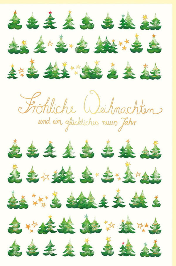 Weihnachtsgrußkarte mit Tannenbaum-Design – Naturkarton, Waldmotiv, grün-goldene Details für festliche Grüße an Familie & Freunde