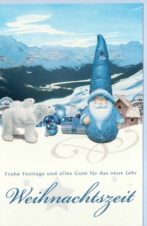 Weihnachtsgrußkarte mit Weihnachtsmann in blauer Winterlandschaft