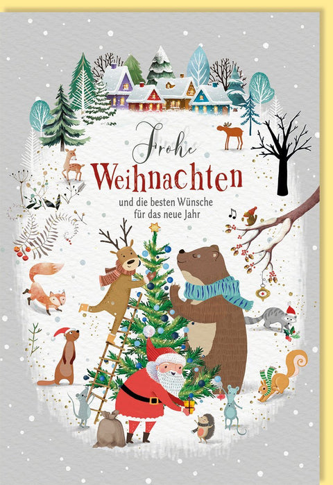 Weihnachtsgrußkarte mit Weihnachtsmann & Tieren - Naturkarton, Schneedorf - Motiv für festliche Grüße und Neujahrswünsche