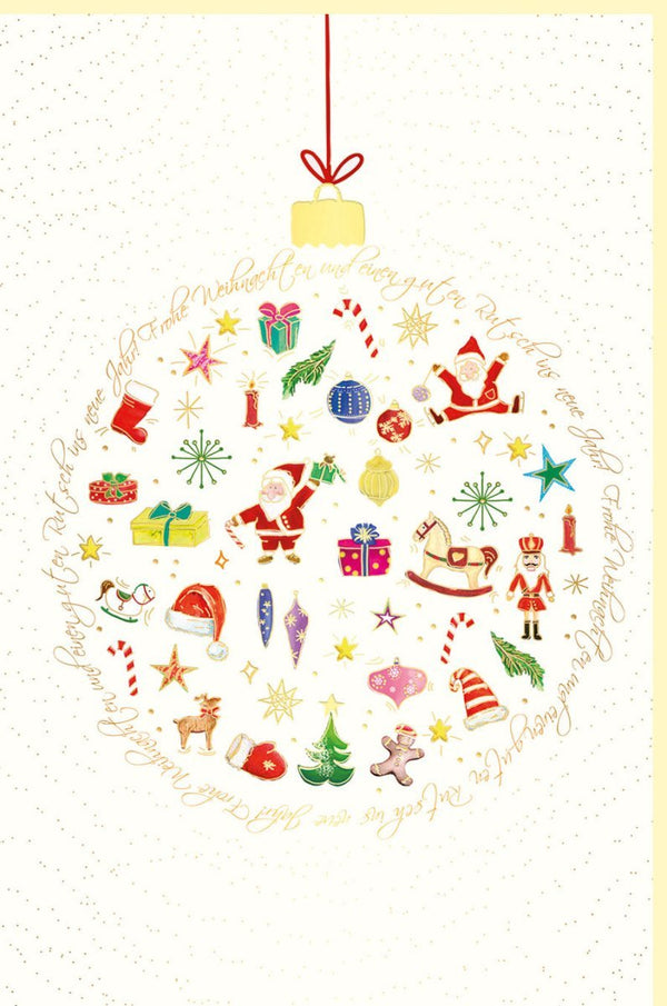 Weihnachtsgrusskarte Naturkarton - Festliche Motive mit Kugeln, Sternen, Tannenbaum, Schneeflocken & Geschenken