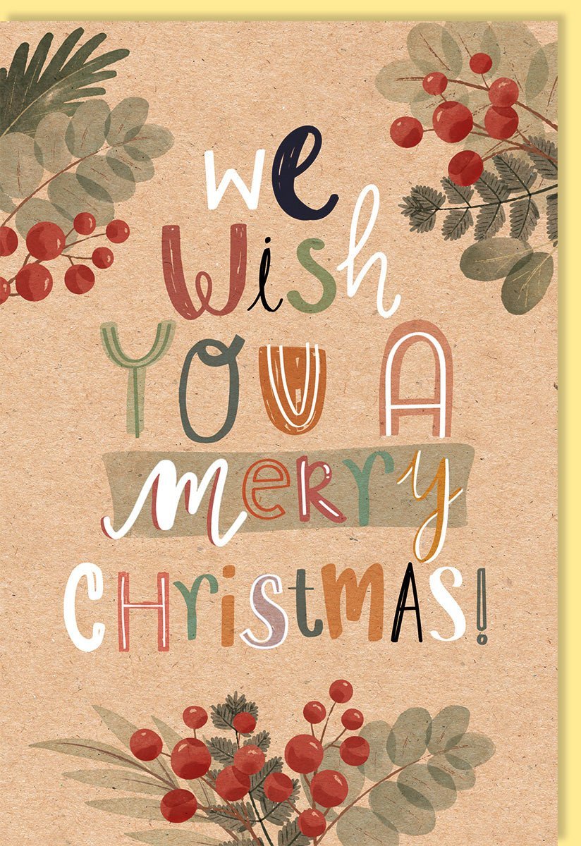 Weihnachtsgrußkarte: Naturkarton mit Stechpalmen & Beeren, Vintage - Design in Handschrift