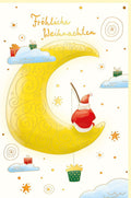 Weihnachtsgrußkarte - Naturkarton mit Weihnachtsmann, Mond & Angeln, Gelbe Sterne und Wolken - Perfekt für Familie und Freunde