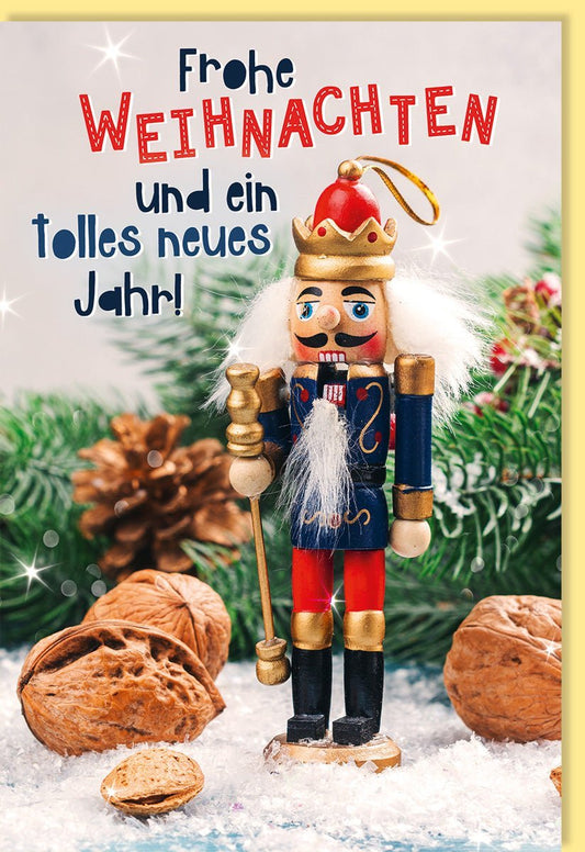 Weihnachtsgrußkarte Nussknacker & Tannenzweige: Frohe Weihnachten mit Glitzer und Neujahrswünschen