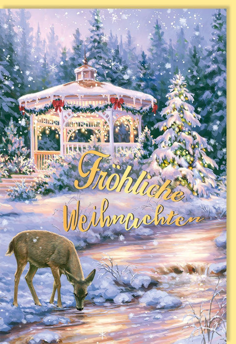 Weihnachtsgrußkarte: Reh im Pavillon mit Goldfolie, Schnee & Glitzerbaum - Idyllische Winterlandschaft für besinnliche Feiertage