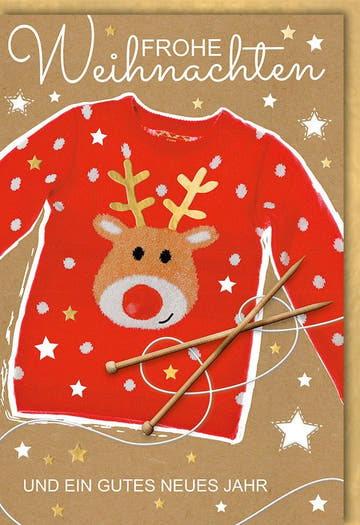 Weihnachtsgrußkarte: Rentierpullover - Motiv, Rote Nase & Goldene Sterne für festliche Stimmung