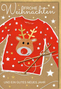 Weihnachtsgrußkarte: Rentierpullover-Motiv, Rote Nase & Goldene Sterne für festliche Stimmung