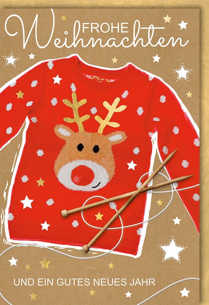 Weihnachtsgrußkarte: Rentierpullover - Motiv, Rote Nase & Goldene Sterne für festliche Stimmung