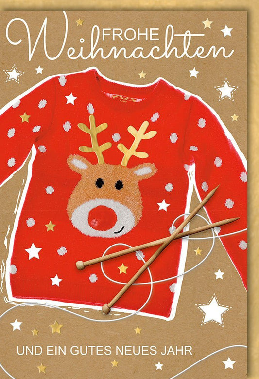 Weihnachtsgrußkarte: Rentierpullover - Motiv, Rote Nase & Goldene Sterne für festliche Stimmung