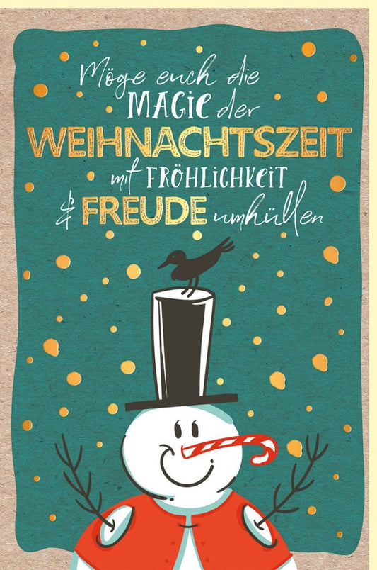 Weihnachtsgrußkarte Schneemann & Spruch - Festliche Karte in warmen Tönen mit Goldakzenten für Familie & Freunde, perfekte Geschenkidee