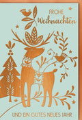 Weihnachtsgrußkarte – Stilvolles Rentier-Design mit Tannenbaum & edlen Gold-Kupfer Details für festliche Grüße und besinnliche Feiertage