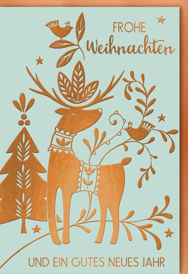 Weihnachtsgrußkarte – Stilvolles Rentier-Design mit Tannenbaum & edlen Gold-Kupfer Details für festliche Grüße und besinnliche Feiertage