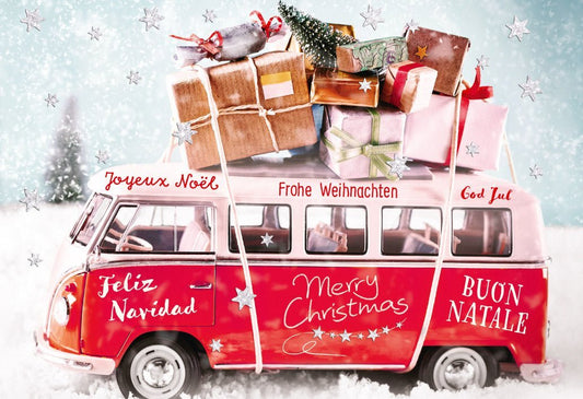 Weihnachtsgrußkarte Vintage Bus im Schnee – Internationale Grüße in festlichem Rot