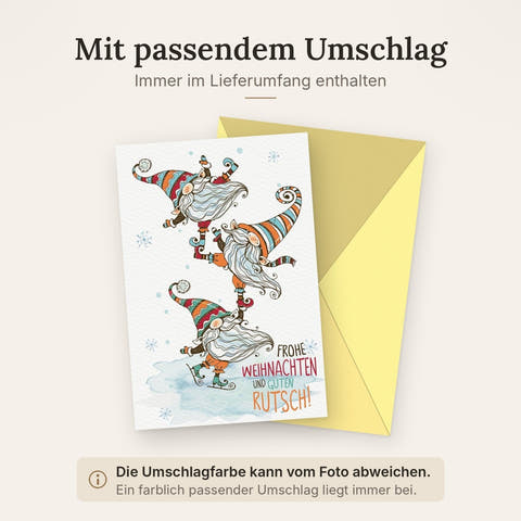 Weihnachtsgrußkarte: Wichtel auf Schlittschuhen, Festliche Grüße & Winterzauber auf Naturkarton