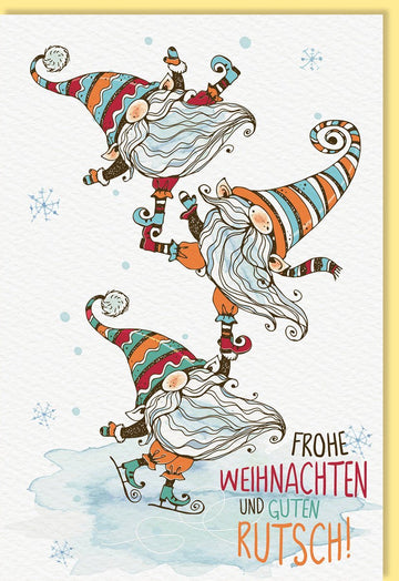 Weihnachtsgrußkarte: Wichtel auf Schlittschuhen, Festliche Grüße & Winterzauber auf Naturkarton