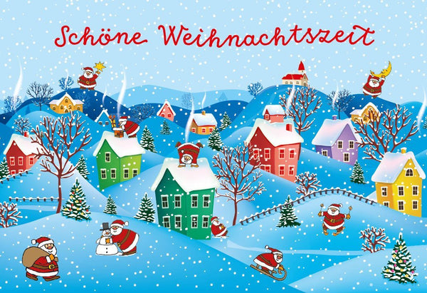 Weihnachtsgrußkarte - Winterlandschaft mit Weihnachtsmann, Geschenken & Tannenbaum für festliche Freude