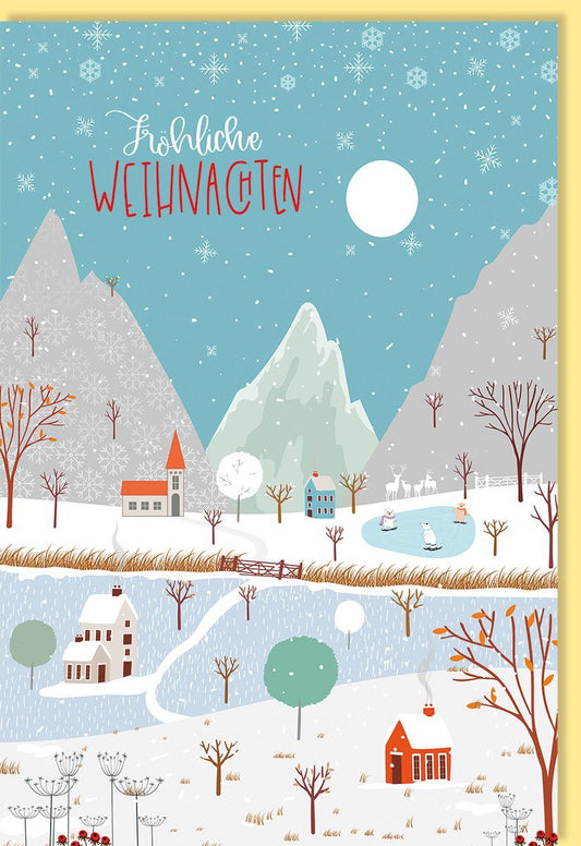 Weihnachtsgrußkarte Winterlandschaft: Schnee, Berge & Bäume - Festliche Häuser - Illustration