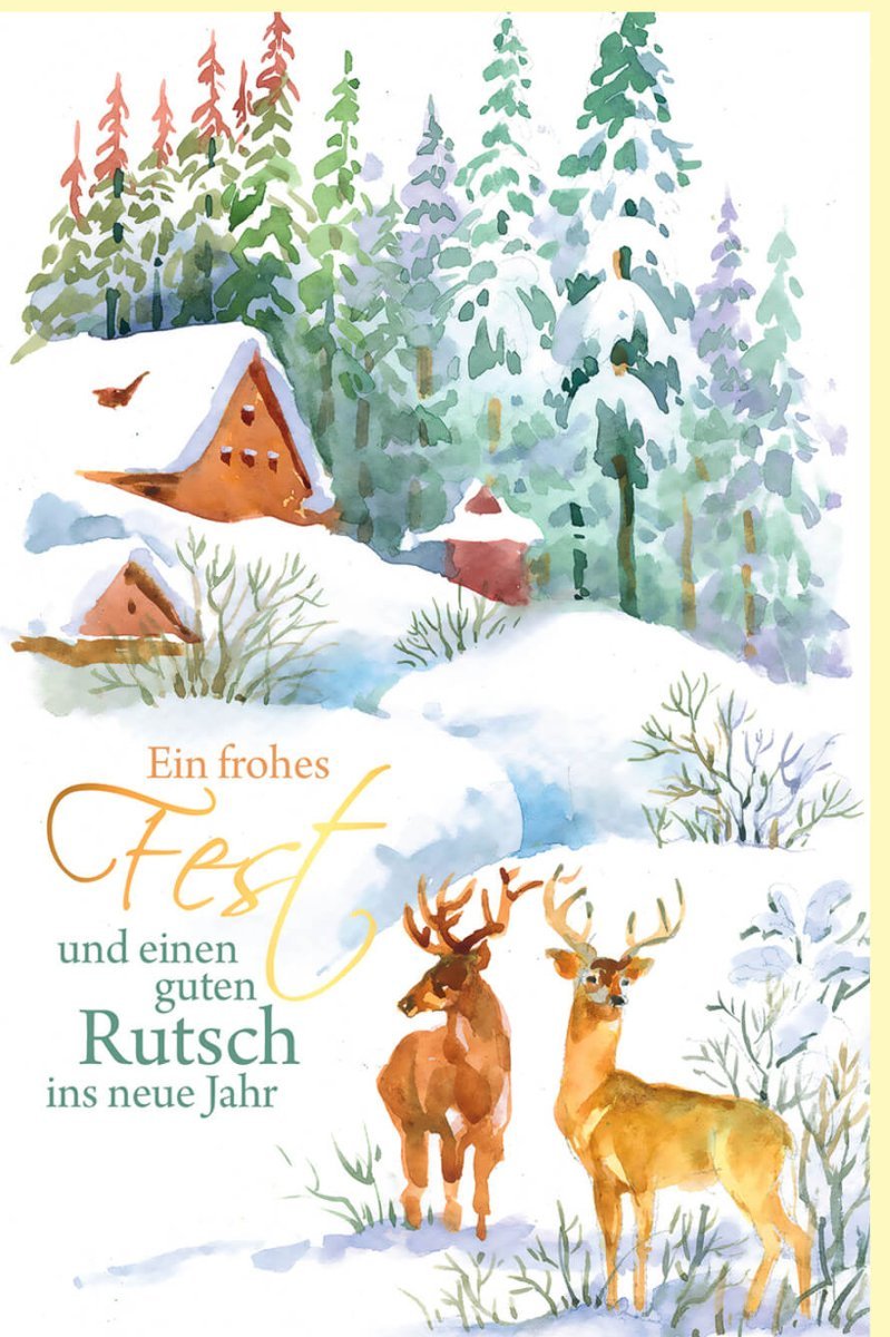 Weihnachtsgrußkarte - Winterliche Aquarellszene mit Hirschen, Waldidylle und Tannenbaum für besinnliche Festtage