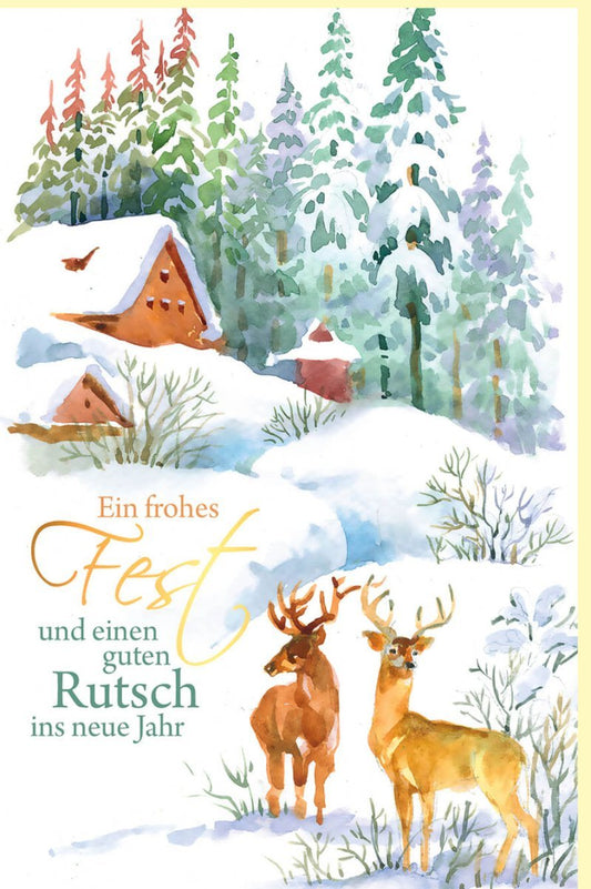 Weihnachtsgrußkarte - Winterliche Aquarellszene mit Hirschen, Waldidylle und Tannenbaum für besinnliche Festtage