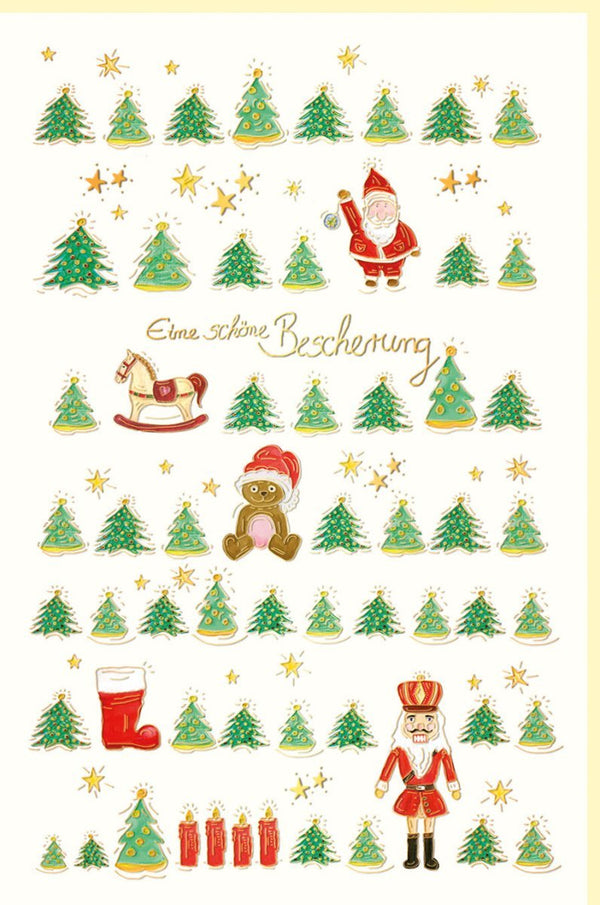 Weihnachtskarte aus Naturkarton – Festlicher Gruß mit Tannenbäumen, Nussknacker & Rentier für besinnliche Feiertage