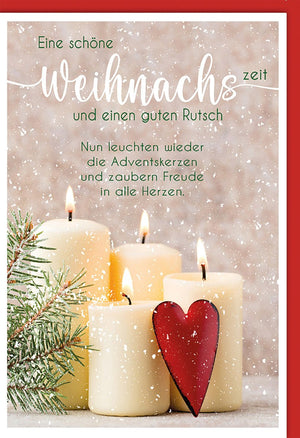 Weihnachtskarte Besinnlich – Adventskerzen mit rotem Herz und Schneeflocken-Design