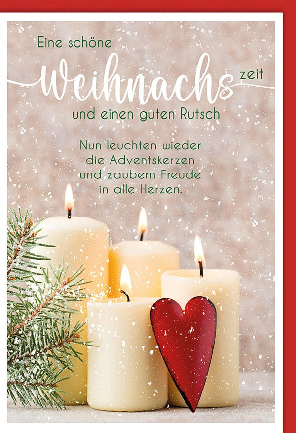 Weihnachtskarte Besinnlich – Adventskerzen mit rotem Herz und Schneeflocken-Design