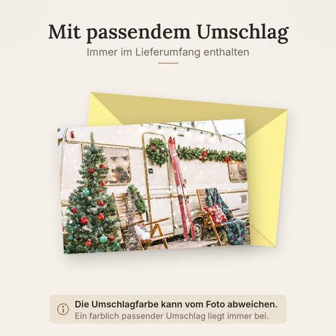 Weihnachtskarte: Caravan im Schnee mit Tannenbaum – Festliche Grußkarte für Winterreisen & Outdoor-Abenteuer, Traditioneller Adventsgruß