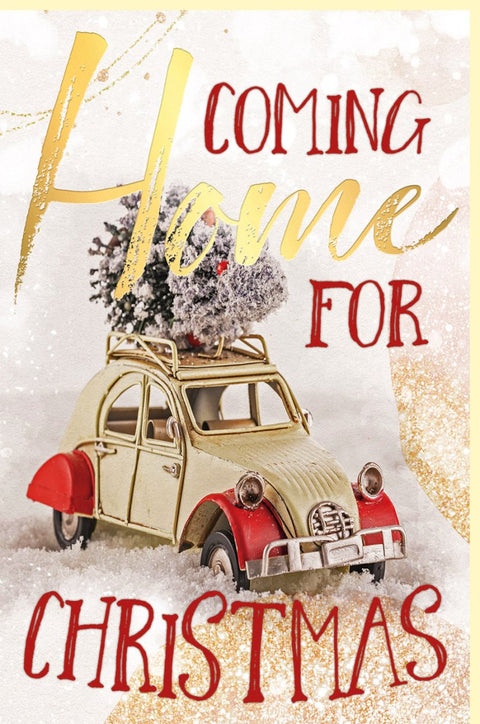 Weihnachtskarte Coming Home for Christmas nostalgisches Auto mit Tannenbaum festliche Weihnachtsgrüße winterliche Doppelkarte