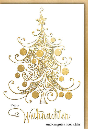 Weihnachtskarte edler Goldfolien Druck Weihnachtsbaum mit Kugeln festliche Grußkarte Frohe Weihnachten und ein gutes neues Jahr