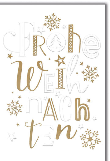 Weihnachtskarte Elegant – Frohe Weihnachten in Gold mit Schneeflocken und Sternen