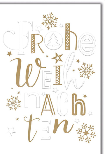 Weihnachtskarte Elegant – Frohe Weihnachten in Gold mit Schneeflocken und Sternen