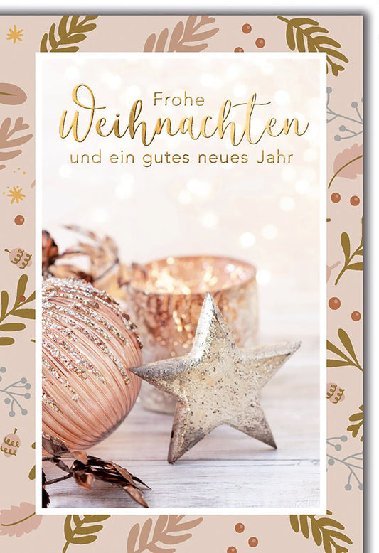 Weihnachtskarte Elegant – Glitzernder Stern mit Kupferkerze und Ornamenten
