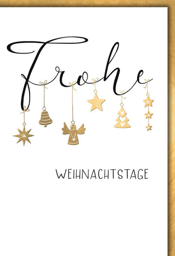 Weihnachtskarte Elegant – Goldene Anhänger mit Sternen und Engel auf Weiß