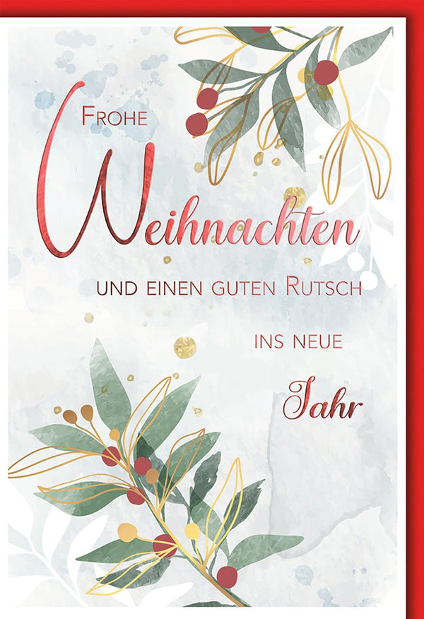 Weihnachtskarte Elegant – Goldene Blätter mit Beeren und Aquarell-Hintergrund