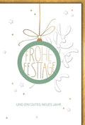 Weihnachtskarte Elegant – Grüne Kugel mit Goldschrift und Mistelzweig-Design