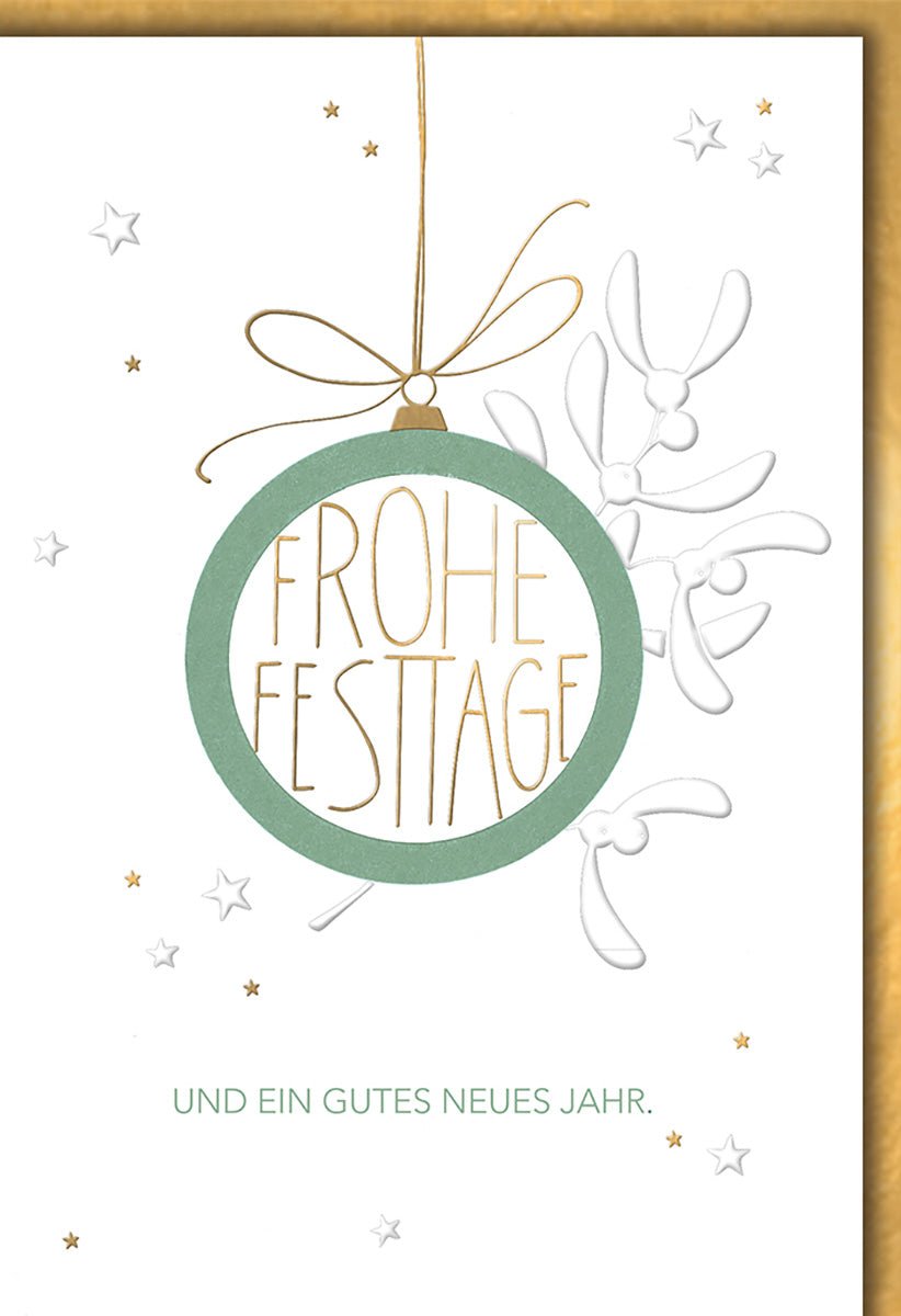 Weihnachtskarte Elegant – Grüne Kugel mit Goldschrift und Mistelzweig - Design
