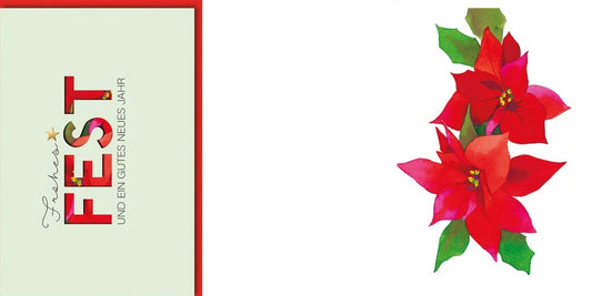 Weihnachtskarte Elegant – Rote Weihnachtssterne mit modernem Schriftzug und Goldakzent