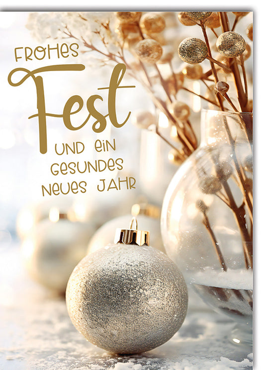 Weihnachtskarte Neujahr – Goldene Kugeln mit Frost und eleganter Schriftart